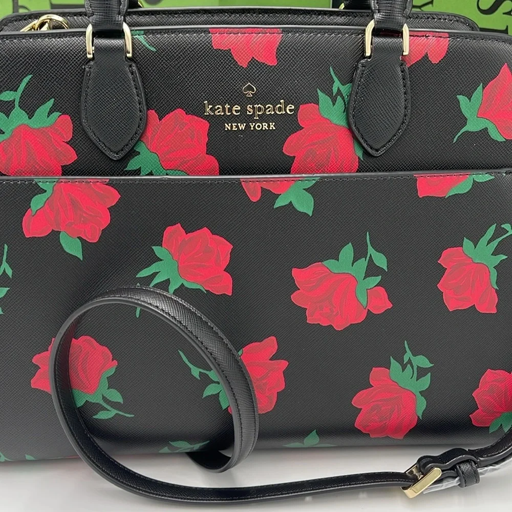 Kate Spade Madison Rose Toss Printed Medium Satchel COLOR: Black Multi NWT